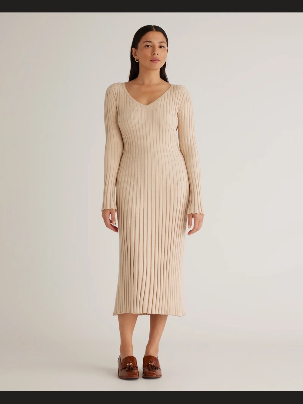 Quince Cotton Cashmere Ribbed V-Neck Midi Dress - Heather Oatmeal